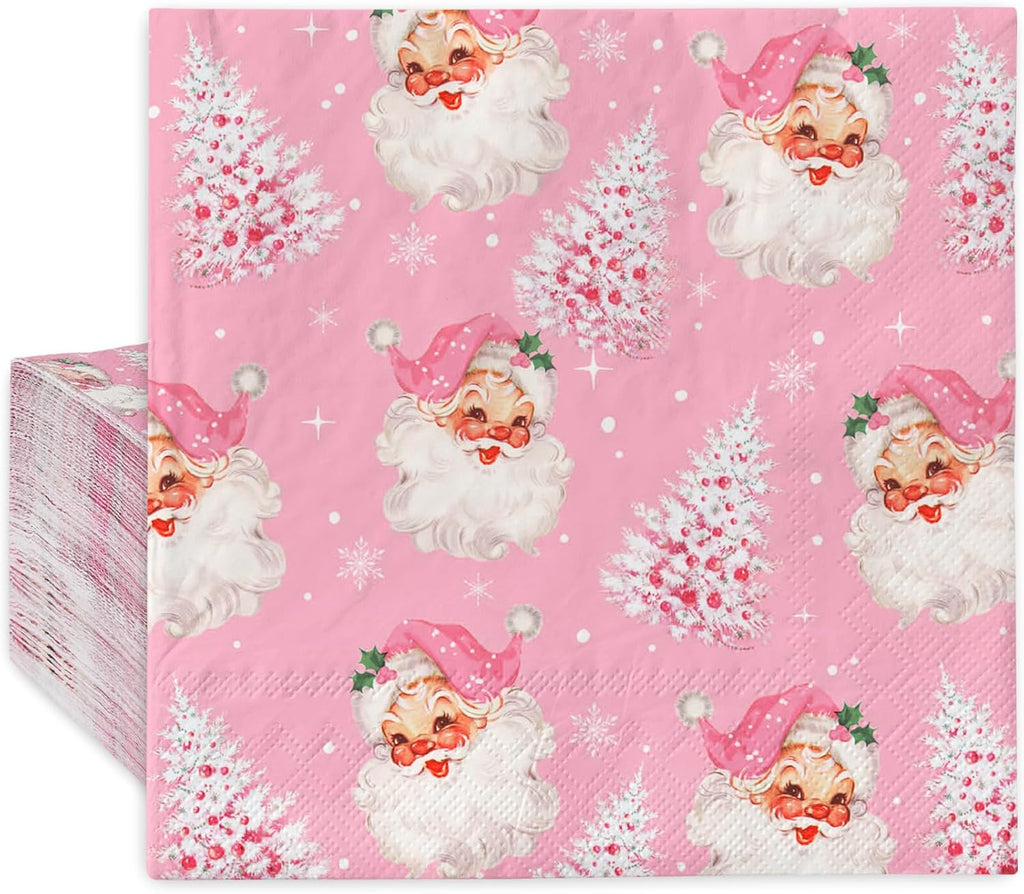 80 Pack Pink Christmas Napkins Santa Xmas Tree Disposable Napkins Merry Christmas Paper Luncheon Napkins for Xmas Winter Holiday Birthday Party Supplies, 6.5 x 6.5 Inch