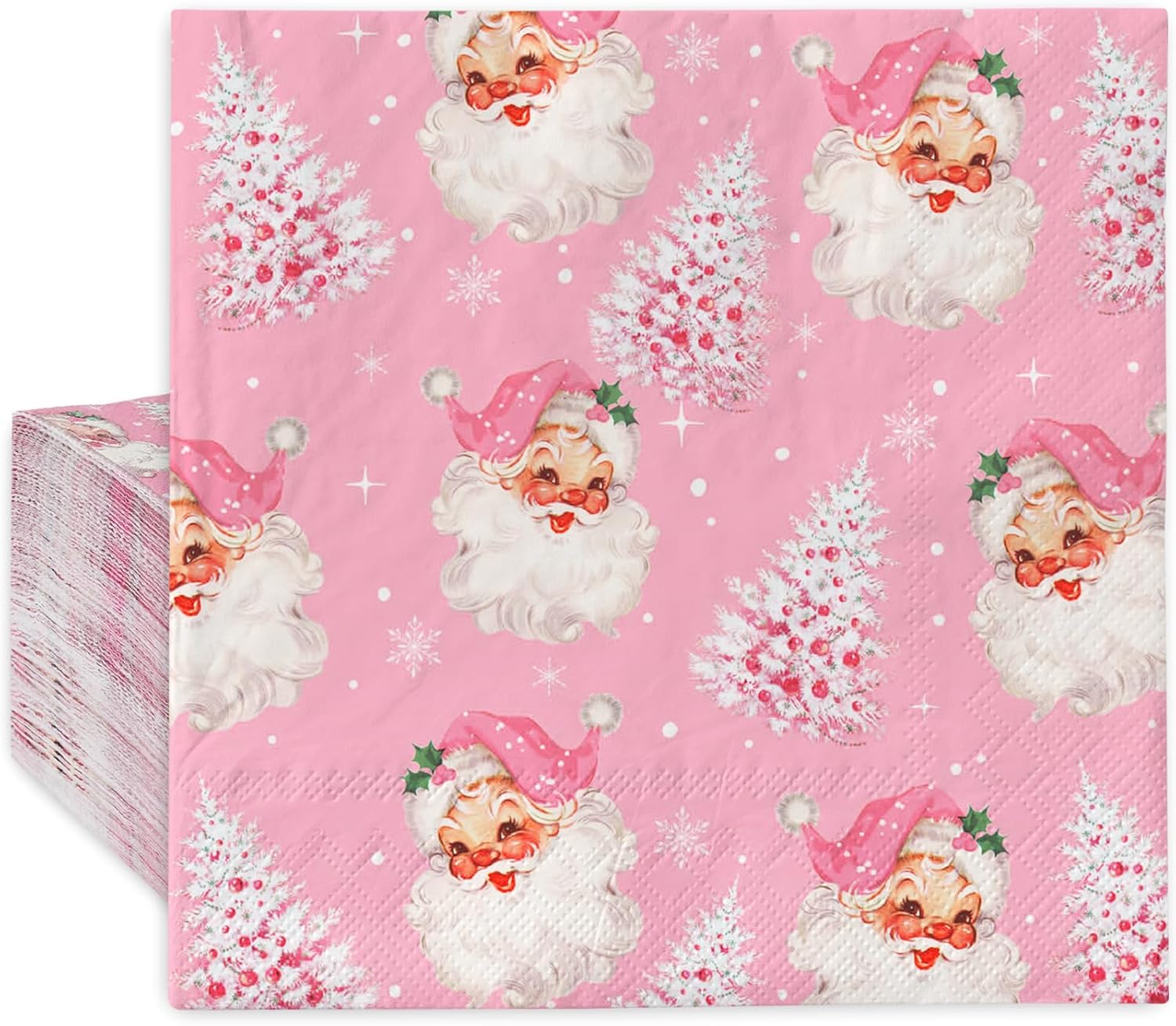 80 Pack Pink Christmas Napkins Santa Xmas Tree Disposable Napkins Merry Christmas Paper Luncheon Napkins for Xmas Winter Holiday Birthday Party Supplies, 6.5 x 6.5 Inch