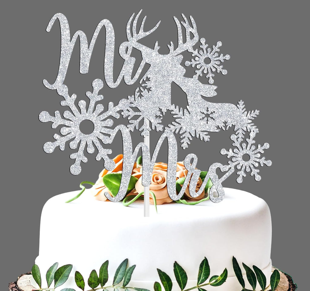 Mr & Mrs Cake Topper - Winter Snowflake Love Wedding, Bridal Shower, Engagement, Wedding Anniversary Party Decorations Supplies, Silver Glitter