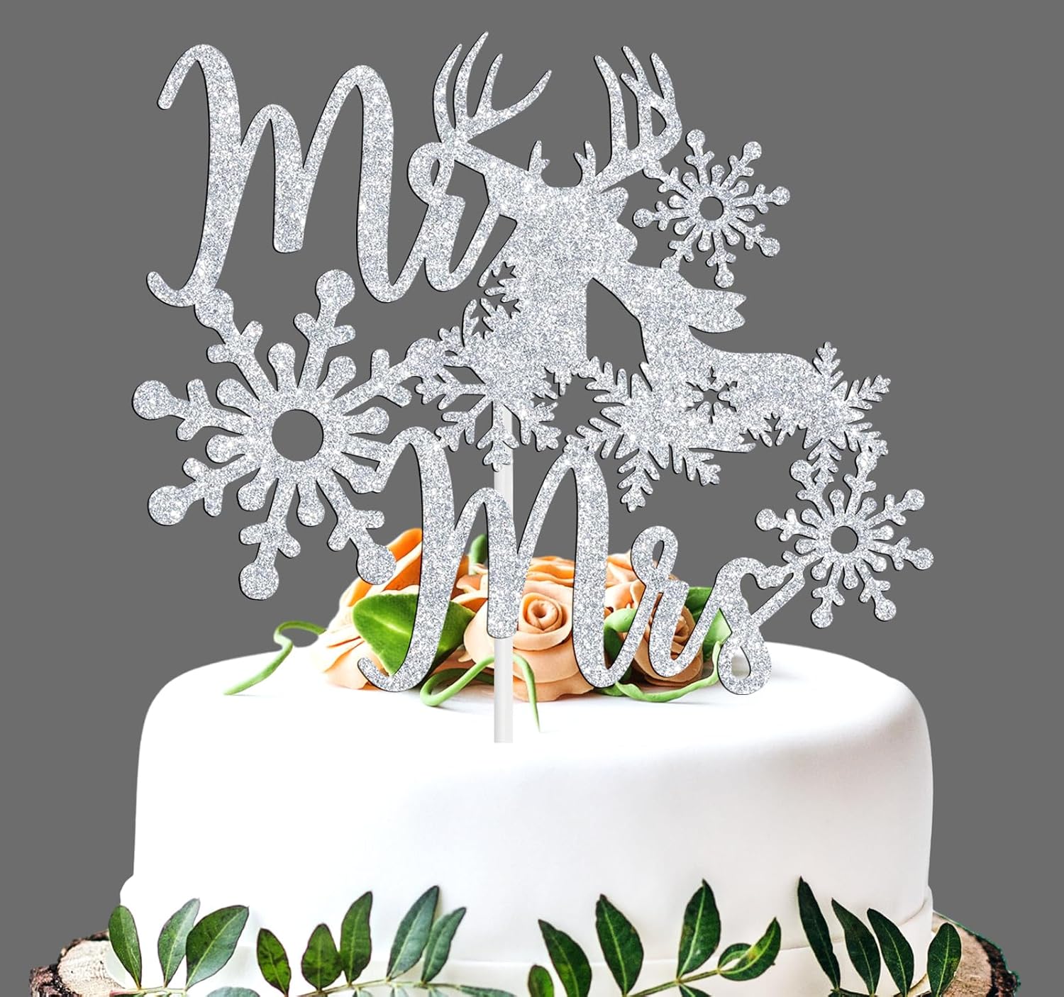 Mr & Mrs Cake Topper - Winter Snowflake Love Wedding, Bridal Shower, Engagement, Wedding Anniversary Party Decorations Supplies, Silver Glitter