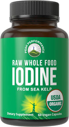 USDA Organic Raw Whole Food Iodine Supplement from Kelp (Ascophyllum Nodosum) - Potassium Iodide Tablets Alternative - for Thyroid, Energy, and Immune Support - 60 Vegan Capsules by Peak Performance