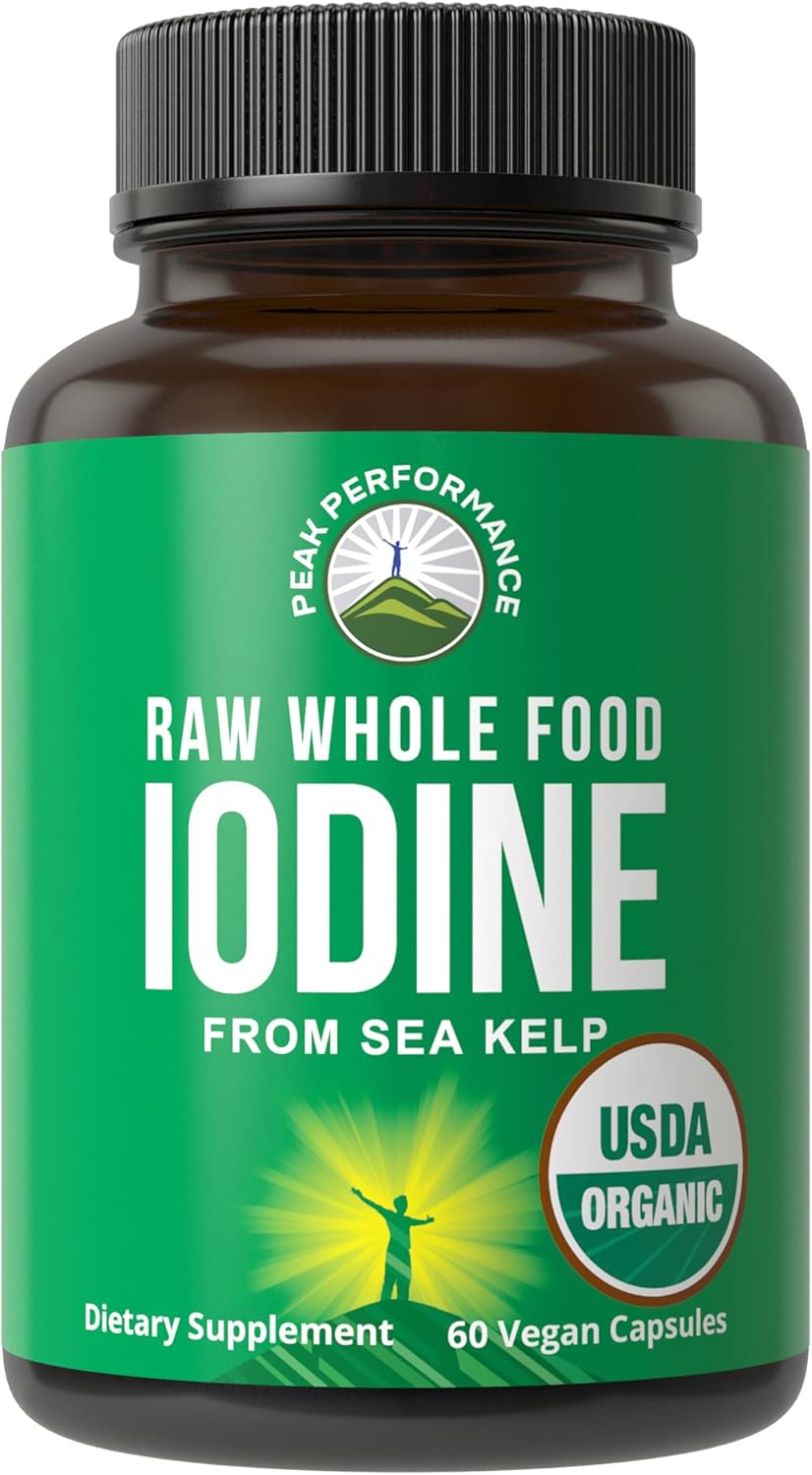 USDA Organic Raw Whole Food Iodine Supplement from Kelp (Ascophyllum Nodosum) - Potassium Iodide Tablets Alternative - for Thyroid, Energy, and Immune Support - 60 Vegan Capsules by Peak Performance
