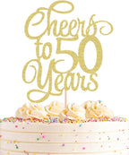 Cheers to 50 Years Cake Topper - Gold Glitter 50th Birthday Cake Decorating Supplies, Perfect for 50th Anniversary or Fifty Birthday Party, Photo Booth Props