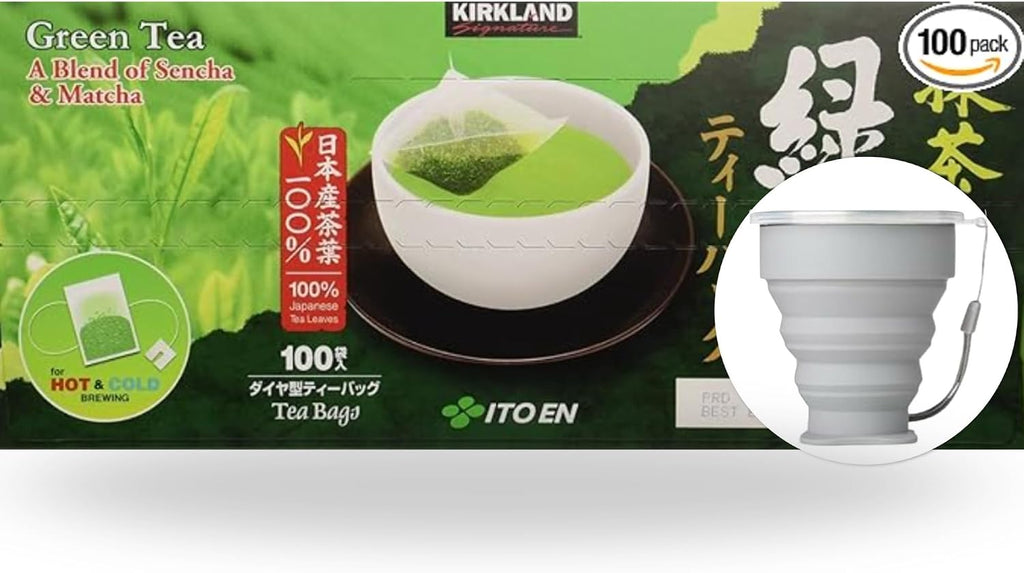 Kirkland Signature Green Tea Bags, 1.5 g, 100-count. Item 979855. Bundle with MORALZA Silicone Collapsible Cup 200ml - 2 Items.