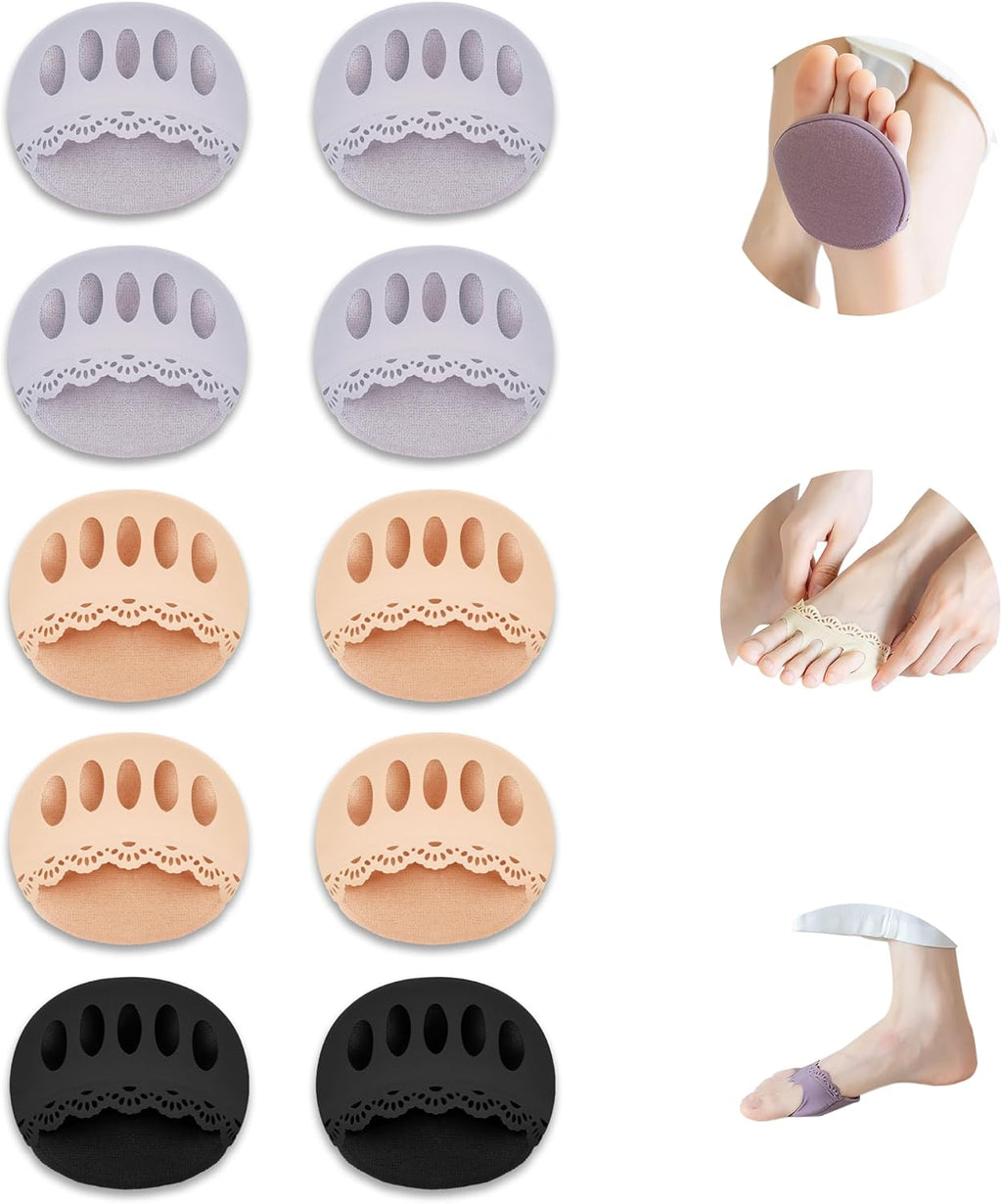 Honeycomb Fabric Forefoot Pads, Soft Ball of Foot Cushions, Women's High Heels Invisible Toe Socks, Half Socks for Sandals (5 Pairs: 2 Beige, 2 Gray, 1 Black)