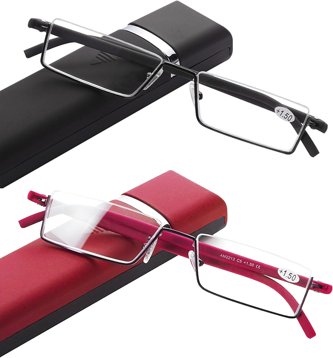 2 Pack Half Frame Reading Glasses for Men and Women Lightweight Computer Readers with Portable Case 2.50