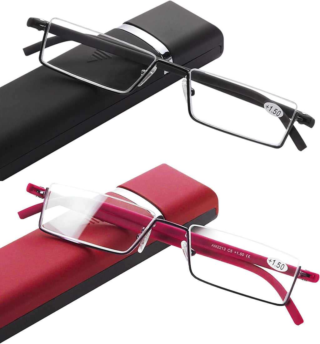 2 Pack Half Frame Reading Glasses for Men and Women Lightweight Computer Readers with Portable Case 2.25