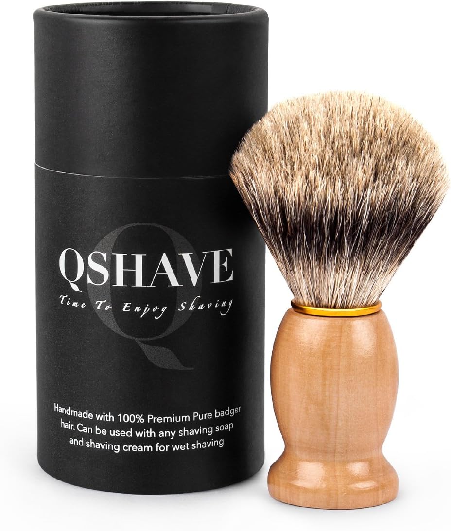 QSHAVE 100% Best Original Pure Badger Hair Shaving Brush Handmade. Real Wood Base. Perfect for Wet Shave, Safety Razor, Double Edge Razor