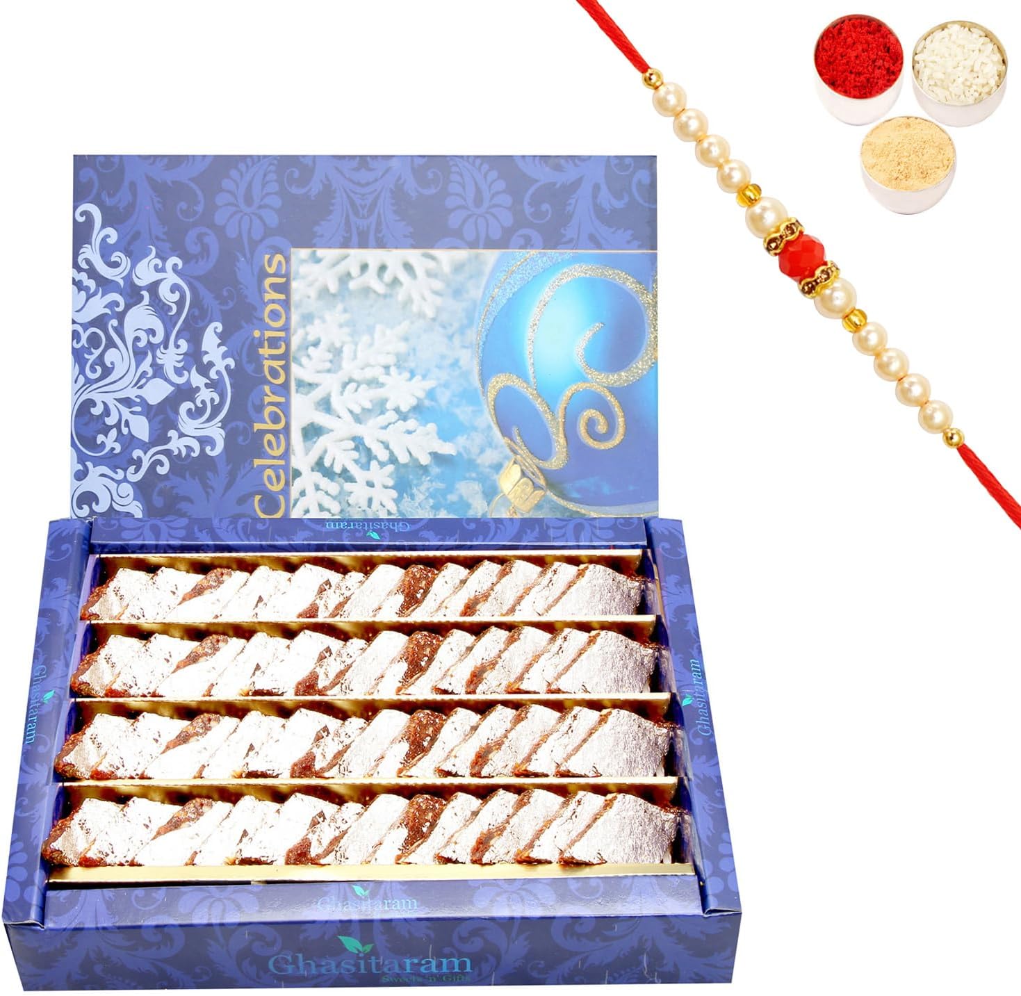Ghasitaram Gifts Rakhi Gifts for Brothers Rakhi Sweets - ANJIR KATLI (800gms) with Beads Rakhi