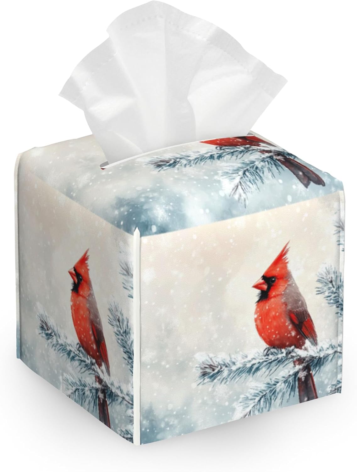 Leather Tissue Box Holder Winter Cardinal Bird Tissue Box Cover Square Waterproof Holder Organizer Modern Napkin Holder for Bedroom Dresser Night Stand Office Desk