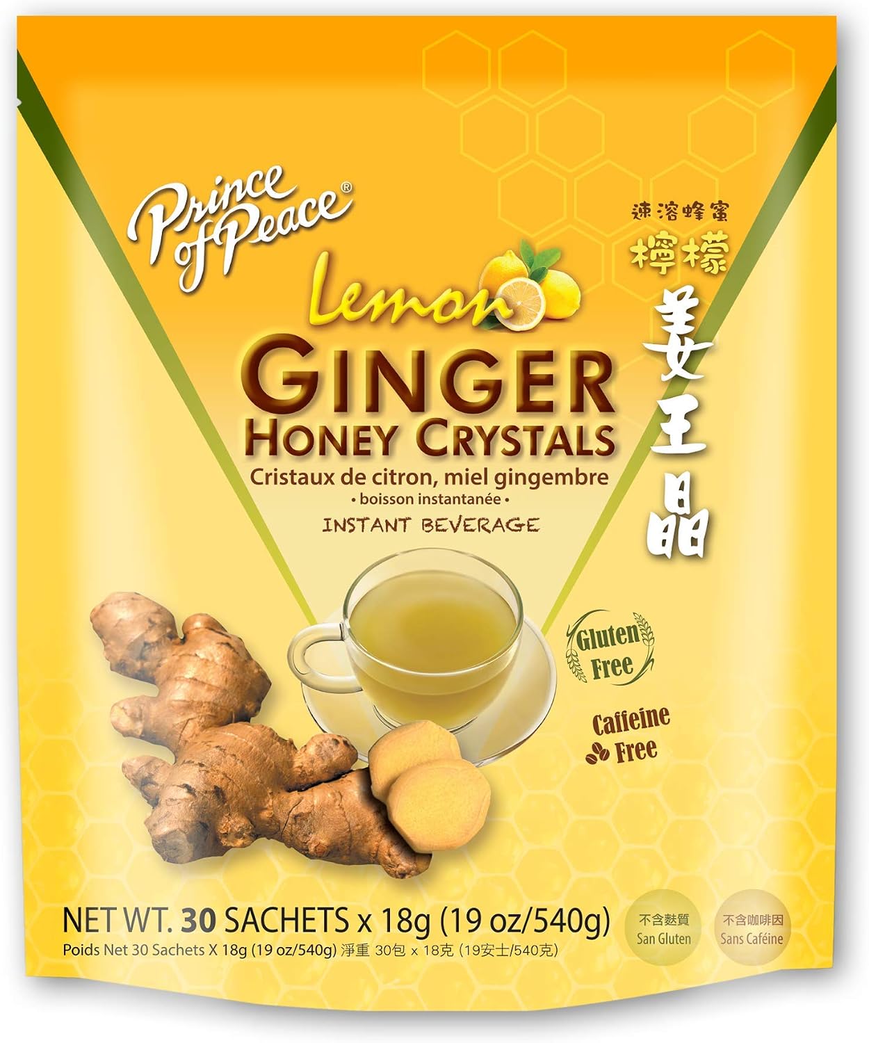 Prince of Peace Instant Lemon Ginger Honey Crystals, 30 Sachets – Instant Hot or Cold Beverage – Easy to Brew Ginger and Honey Crystals