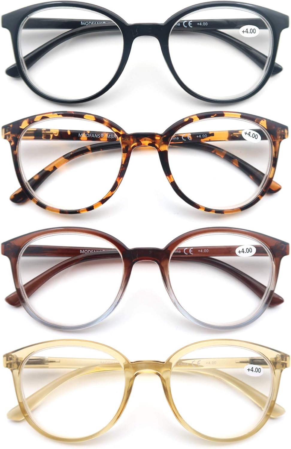 MODFANS Women Reading Glasses 4Pack Large Round Frame Readers Spring Hinges with 4 Pouch