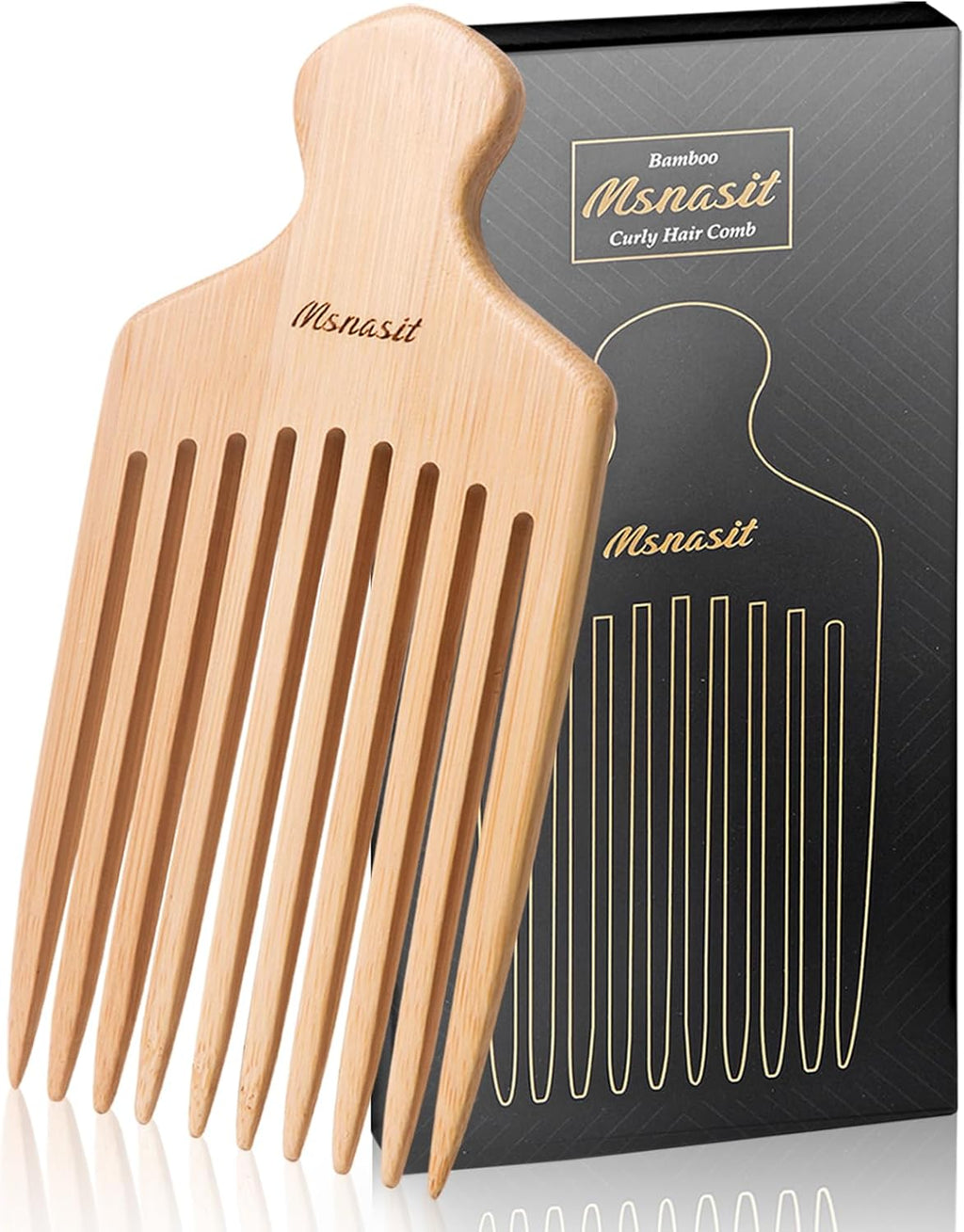 Bamboo Hair Pick for Curly Hair, Premium Wooden Wide Tooth Detangling Comb with Ergonomic Handle, Natural Volume & Styling Tool for Men Women, Fine or Thick Beard Pick