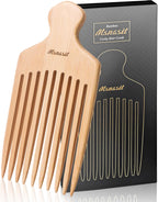 Bamboo Hair Pick for Curly Hair, Premium Wooden Wide Tooth Detangling Comb with Ergonomic Handle, Natural Volume & Styling Tool for Men Women, Fine or Thick Beard Pick