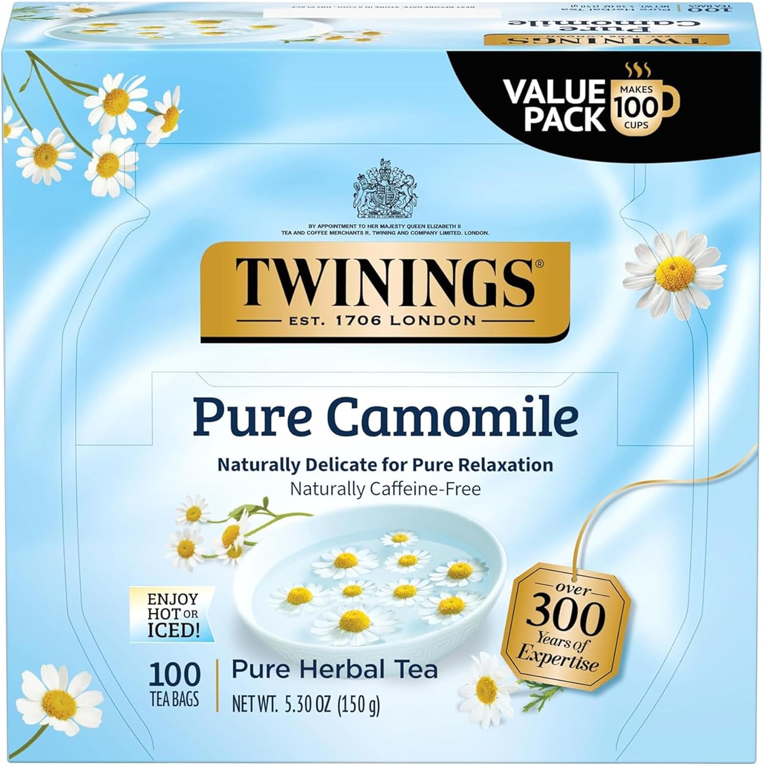 Twinings Pure Camomile Herbal Tea Individually Wrapped Bags, 100 Count (Pack of 1), Delicate for Pure Relaxation, Naturally Caffeine-Free, Enjoy Hot or Iced, 100 Teabags