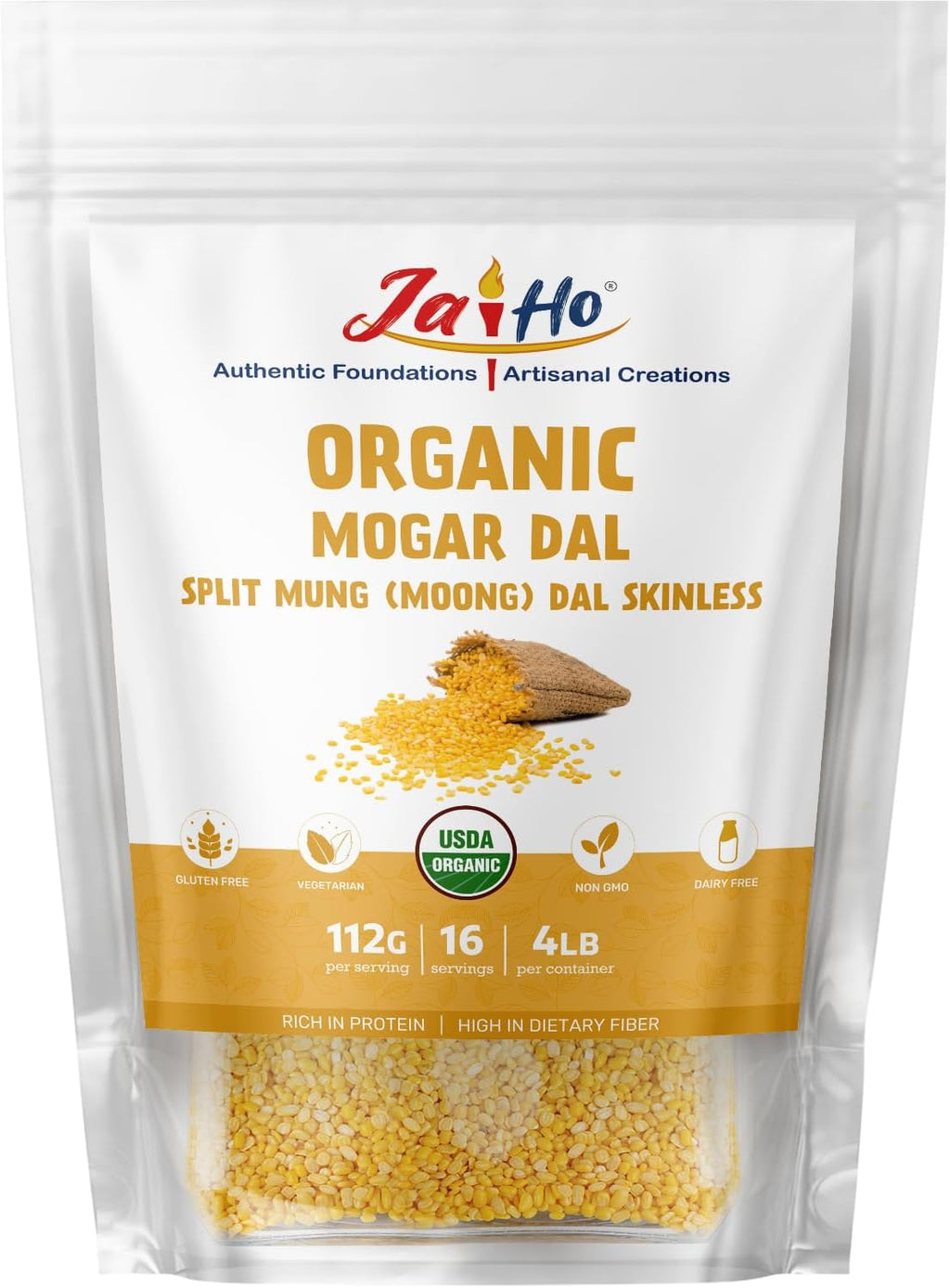 Jai Ho Certified Organic Mogar Dal 4 lb | Split Mung (Moong) Dal Skinless | USDA Organic | Non-GMO | Chemical-Free | Premium Quality Kosher (4 Pound, Moong Mogar Dal (W/O Skin))