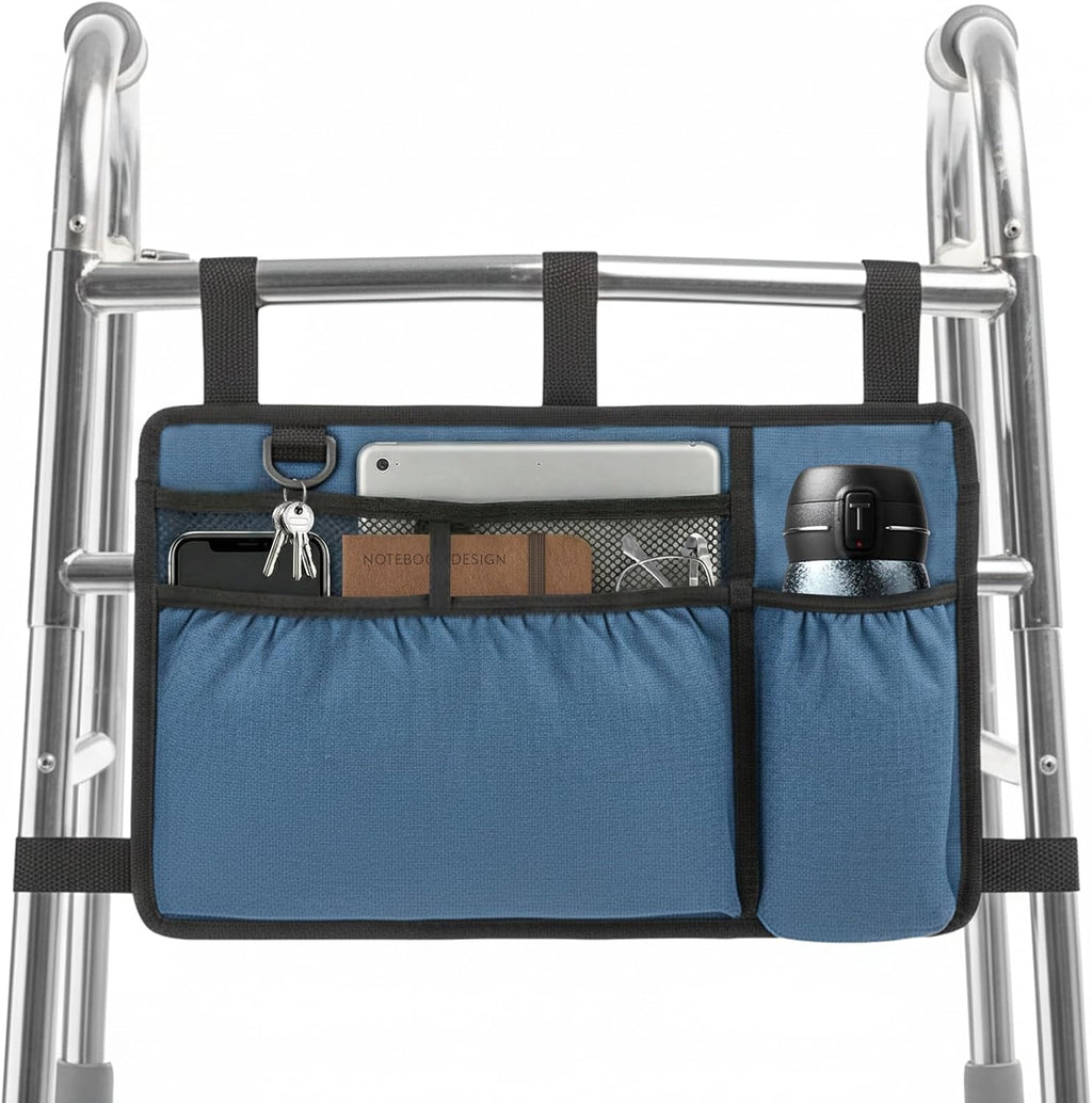 Walker Bag with Cup Holder for Folding Walker - Water Resistant Large Capacity Basket with Multiple Pockets, Walker Accessories for Seniors Elderly Handicap - Dark Blue