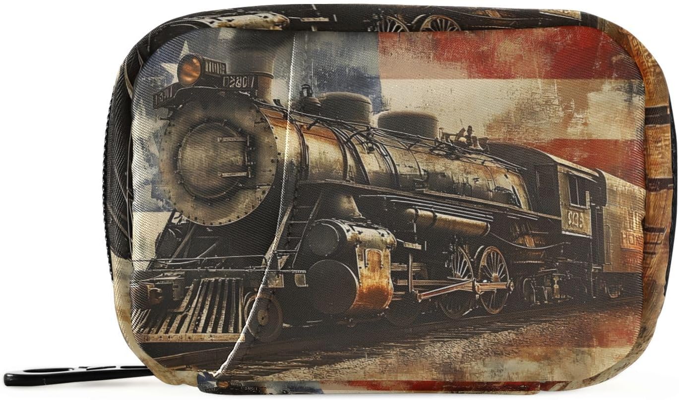 Pill Organizer Case American Steam Train Print, Pill Box 7 Days Portable Weekly Pill Purse Pouch