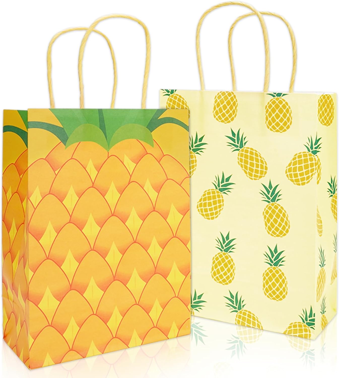 JarThenaAMCS 24Pcs Pineapple Paper Gift Bags Hawaiian Summer Fruit Candy Goodie Treat Bags with Handles Reusable Yellow Grocery Shopping Bag for Luau Birthday Party Supplies
