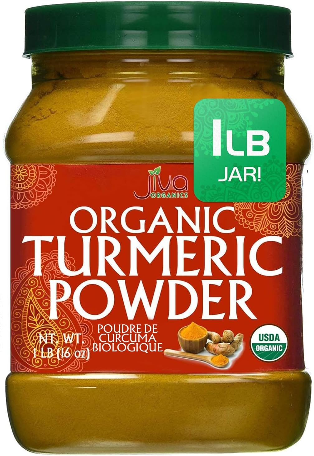 Organic Turmeric Powder 1 Pound Jar by Jiva Organics - 100% Raw with Curcumin - Lab Tested & Reports Available - Raw from India