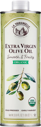 La Tourangelle, Organic Extra Virgin Olive Oil, Cold-Pressed Early Harvest EVOO from Spain, Smooth & Fruity, 33.8 fl oz (1 Liter) - Spanish with Polyphenols for Cooking, Drizzling, Marinades, and Dipping