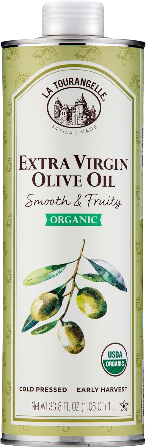 La Tourangelle, Organic Extra Virgin Olive Oil, Cold-Pressed Early Harvest EVOO from Spain, Smooth & Fruity, 33.8 fl oz (1 Liter) - Spanish with Polyphenols for Cooking, Drizzling, Marinades, and Dipping