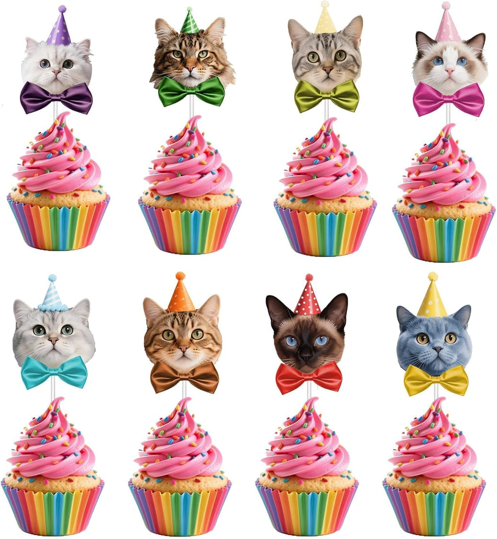 24 Pcs Adorable Cat Cupcake Topper,8 Unique Designs About Cute Cats with Party Hats Cupcake Decorations for Cat Theme Birthday Party Supplies