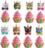 24 Pcs Adorable Cat Cupcake Topper,8 Unique Designs About Cute Cats with Party Hats Cupcake Decorations for Cat Theme Birthday Party Supplies
