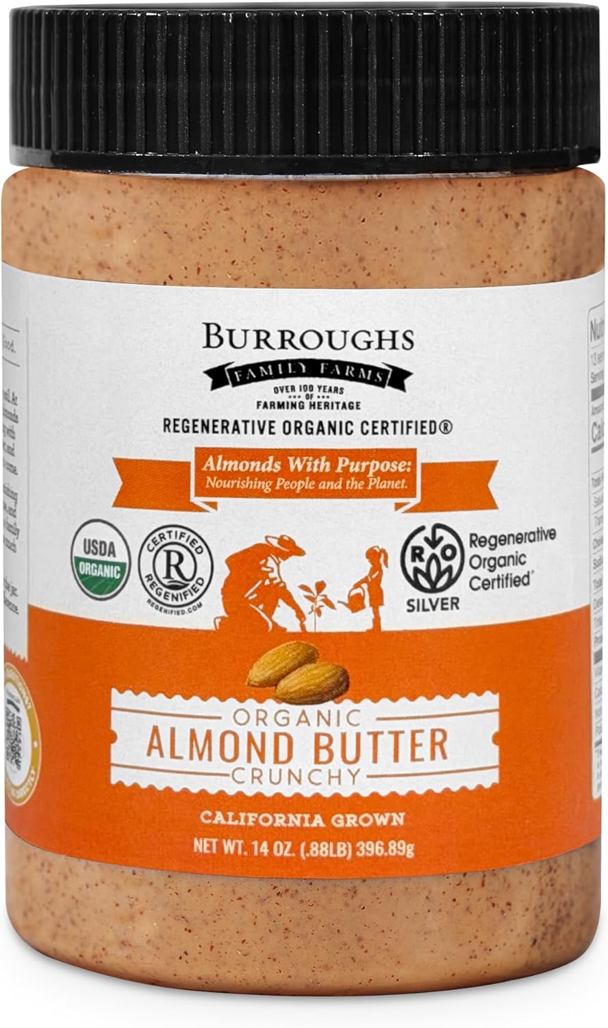 USDA Organic Almond Butter, 14 oz – No Palm Oil, No Sugar Added Almond Nut Butter – 2x the Antioxidants and Vitamin B Versus Other Nut Butter – First Regenerative Organic Certified (Crunchy)