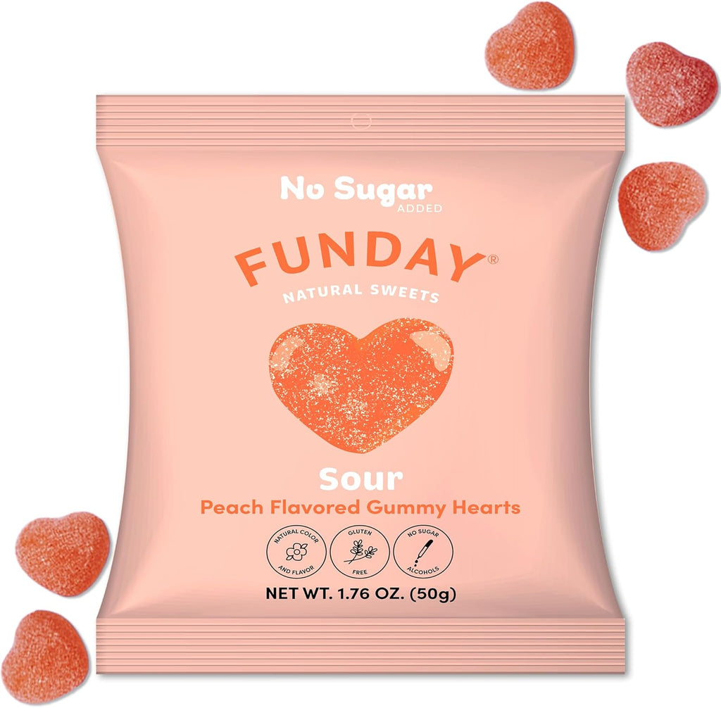 FUNDAY Sour Peach Hearts – 12 x 50g Bags – No Sugar Added – Gluten-Free Sour Candy with Natural Flavors & Prebiotic Fiber