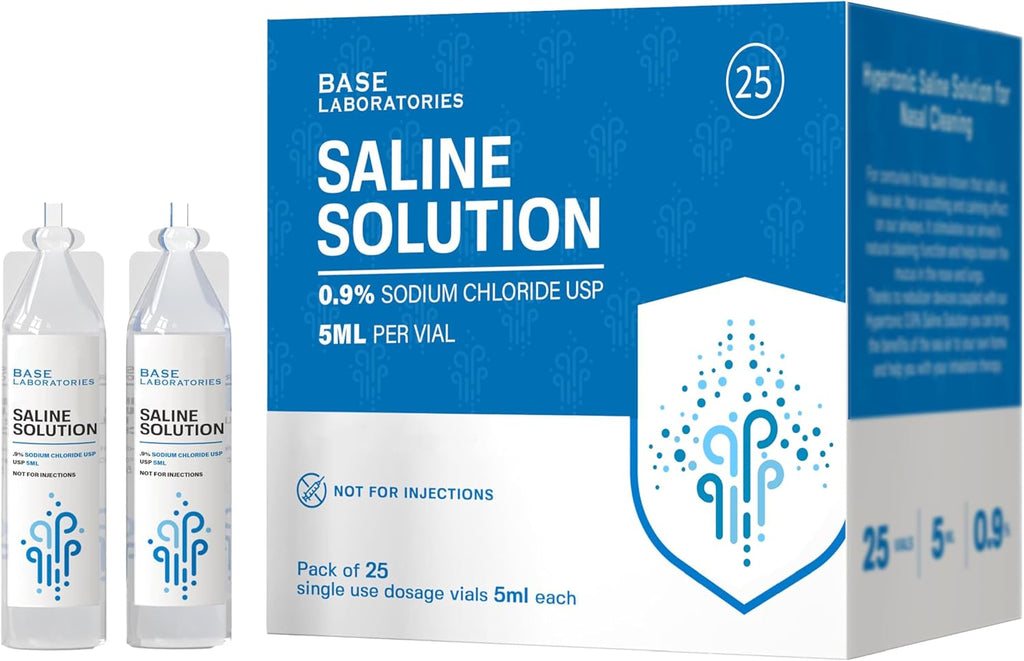 BASE LABORATORIES 0.9% Saline Solution Vials - Versatile 0.9% Sodium Chloride Saline Ampoules - Preservative Free Saline Solution Single use vials - USP Grade 25 Vials x 5ml Count