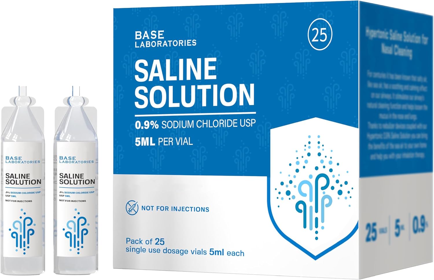 BASE LABORATORIES 0.9% Saline Solution Vials - Versatile 0.9% Sodium Chloride Saline Ampoules - Preservative Free Saline Solution Single use vials - USP Grade 25 Vials x 5ml Count