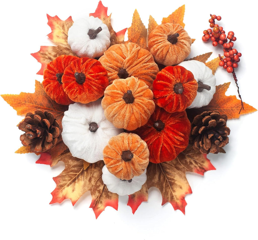 21 PCS Fall Artificial Velvet Pumpkins Set, Fake Fabric Pumpkin Faux Foam Pumpkins, Orange Khaki White Pumpkin Decorations for Fall Harvest Thanksgiving Farmhouse Table Centerpiece