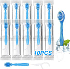10 Pack 5-in-1 Disposable Toothbrushes with Toothpaste, Travel Toothbrush Set with Floss, Pick & Tongue Scraper, Individually Wrapped Mini Toothbrush for Adults, Work Camping - Mint Flavor