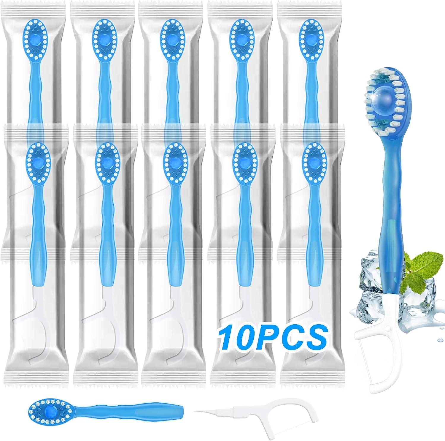 10 Pack 5-in-1 Disposable Toothbrushes with Toothpaste, Travel Toothbrush Set with Floss, Pick & Tongue Scraper, Individually Wrapped Mini Toothbrush for Adults, Work Camping - Mint Flavor