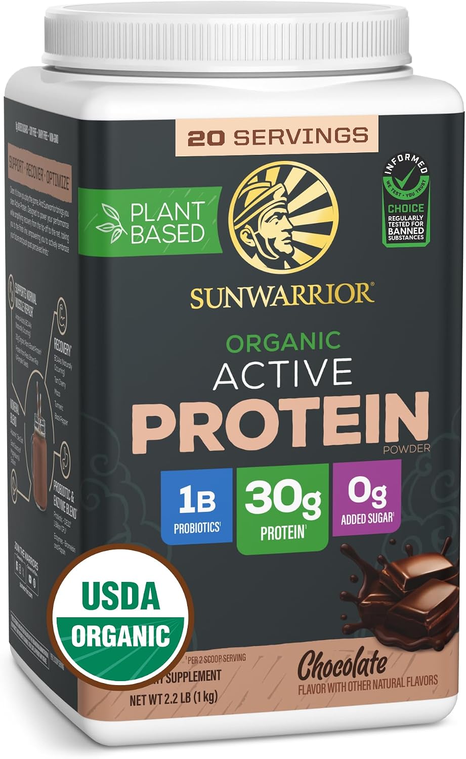 Sunwarrior Organic Plant Based Protein Powder | Vegan Organic Protein Powder with BCAA Amino Acids Plus Recovery Minerals & Botanicals | Non-GMO Soy Dairy & Gluten Free (Chocolate, 20 Servings)