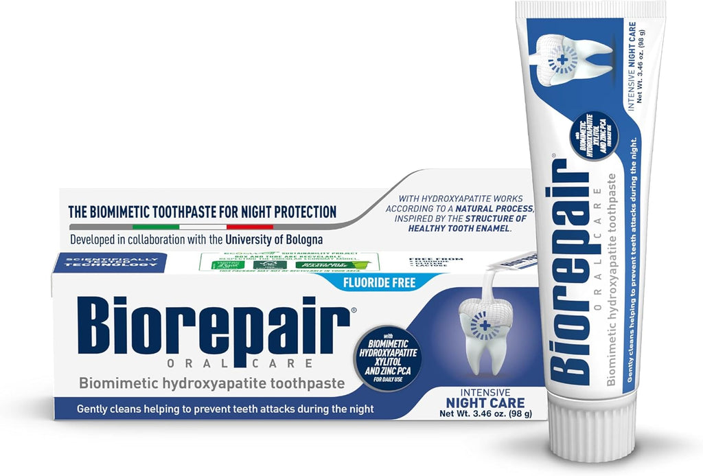 BIOREPAIR Intensive Night Care - Hydroxyapatite Toothpaste with Xylitol & Zinc PCA, Fluoride Free Toothpaste, Helps Maintain Hygiene & Reduce Plaque Build-Up at Night, Oral Care 3.46Oz Made in Italy