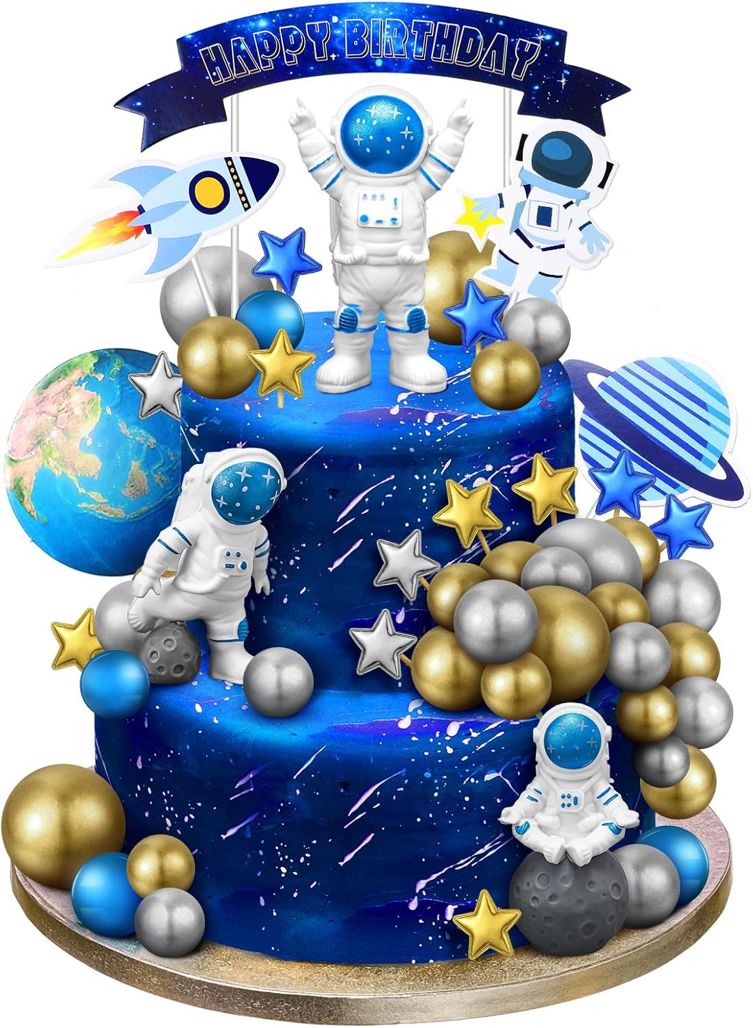 Epakh 24 Pcs Astronaut Space Cake Toppers Outer Space Cake Decorations Astronaut Figurine Birthday Party Supplies Planet Rocket Satellite Pearl Balls Stars for Baby Shower DIY Activity(Blue)