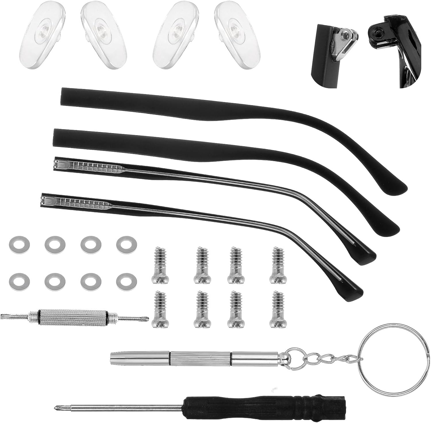 1Pair Glasses Arm Replacement, Universal Glasses Repair Kit with Screws, Eyeglasses Arms Legs Replacement Accessories with Screws Washers Screwdrivers Nose Pads(Black)