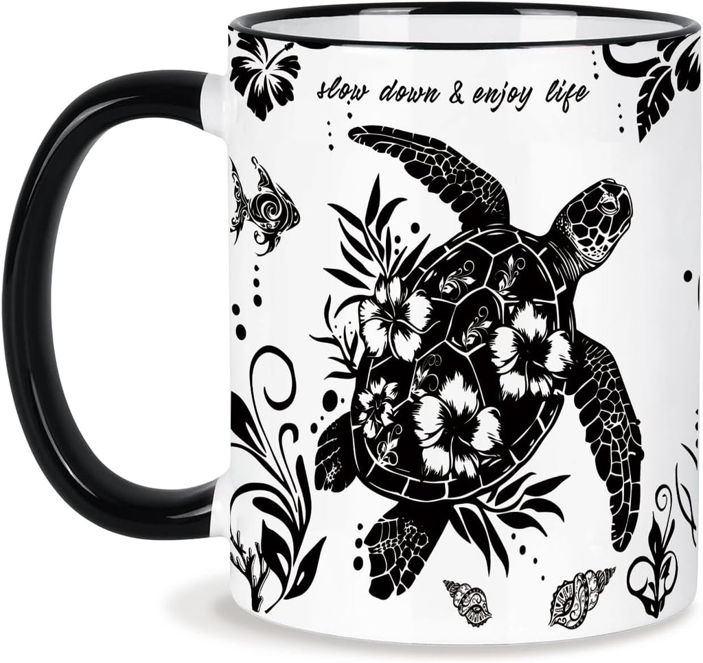 Sea Turtle Coffee Mug 11 Oz Sea Turtle Gifts Mothers Day Birthday Gift for Women Men, Boho Black and White Coffee Mug, Birthday Gifts for Friends Ceramic Mugs Microwave and Dishwasher Safe