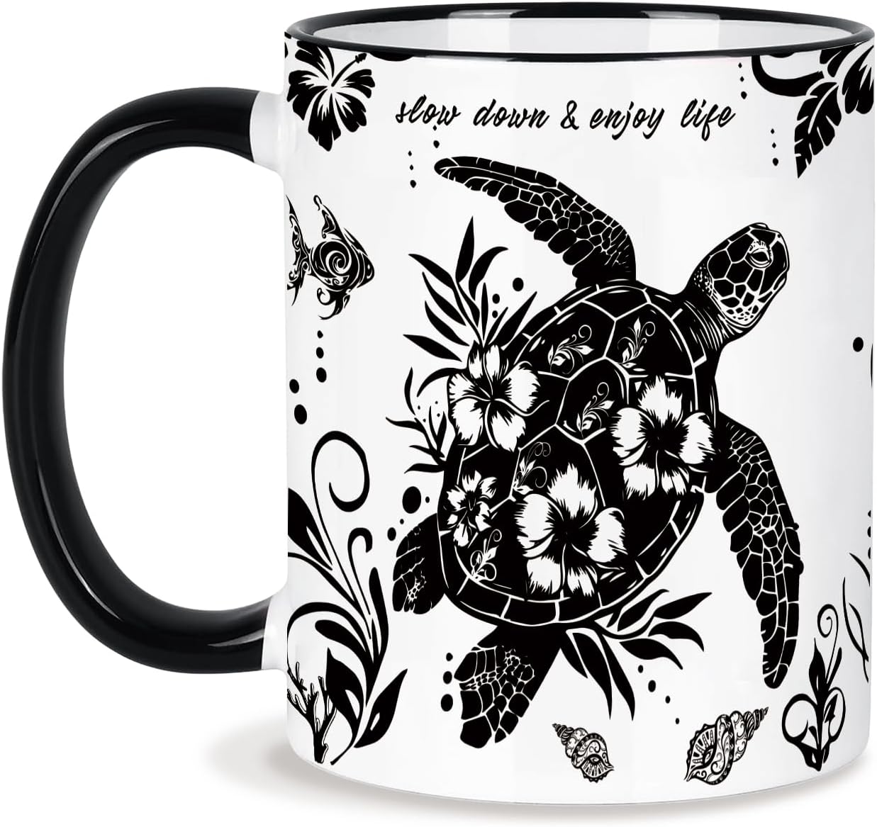Sea Turtle Coffee Mug 11 Oz Sea Turtle Gifts Mothers Day Birthday Gift for Women Men, Boho Black and White Coffee Mug, Birthday Gifts for Friends Ceramic Mugs Microwave and Dishwasher Safe