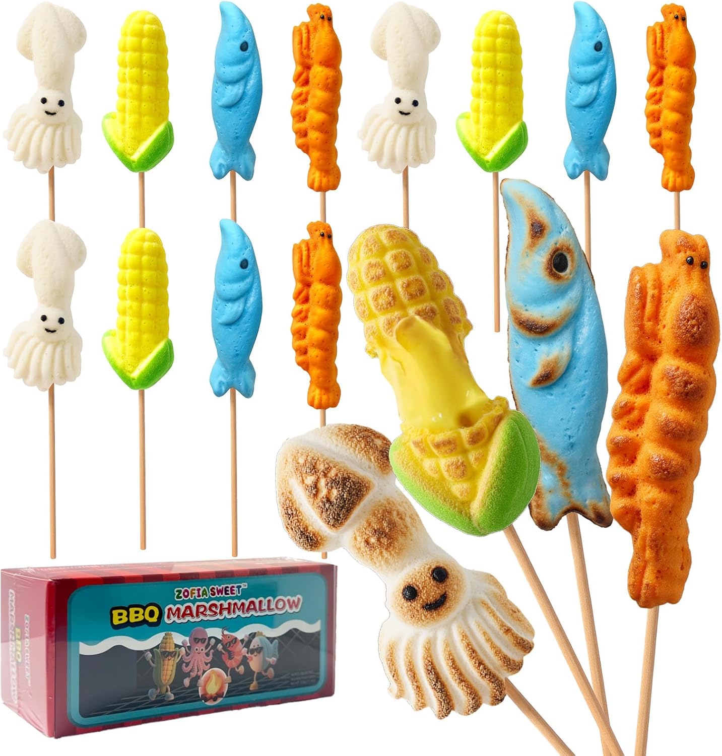 S’mores Campfire Marshmallows with Roasting Sticks, 0.7oz (16 Pack) Big Some More Conton Candy with Assorted Fruit Flavors, Individually Wrapped Marshmallow for Camping, Bonfires, Roasting Parties
