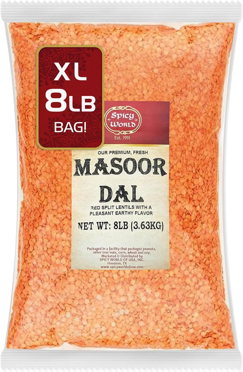 Spicy World Masoor Dal 8 Pound Bag (128oz) - Red Lentils Split - All Natural