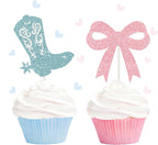 Boots or Bows Gender Reveal Cupcake Toppers 24PCS Western Cowgirl Cowboy Baby Shower Party Cake Decorations Boots and Bows Cupcake Picks Wild West Birthday Party Supplies (Blue and Pink)