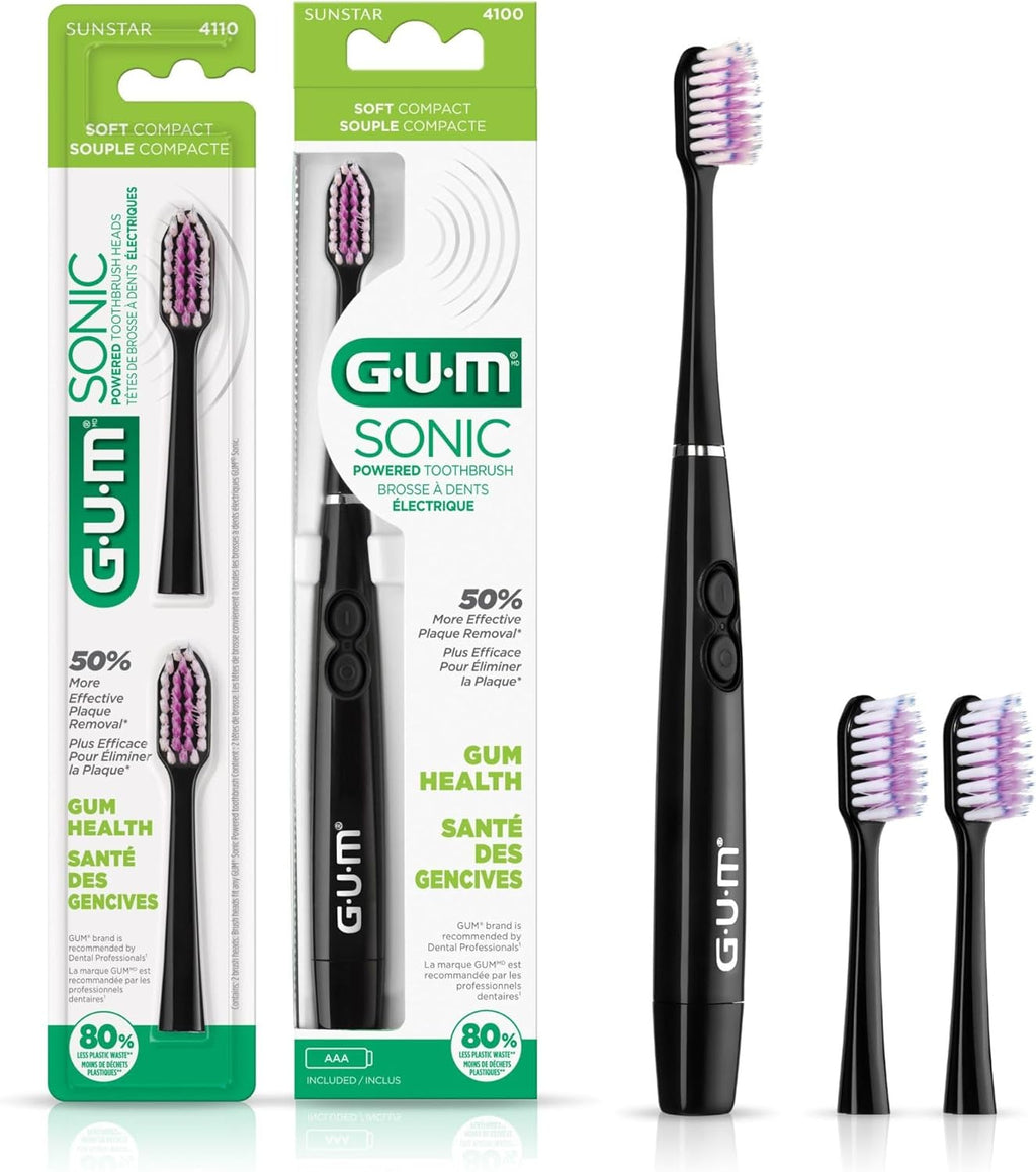 GUM Sonic Powered Toothbrush, Tapered Bristles Clean Below The Gumline, Bundle, Black, 1 Handle(1 Count) + 2 Refills 2 Count(Pack of 1)