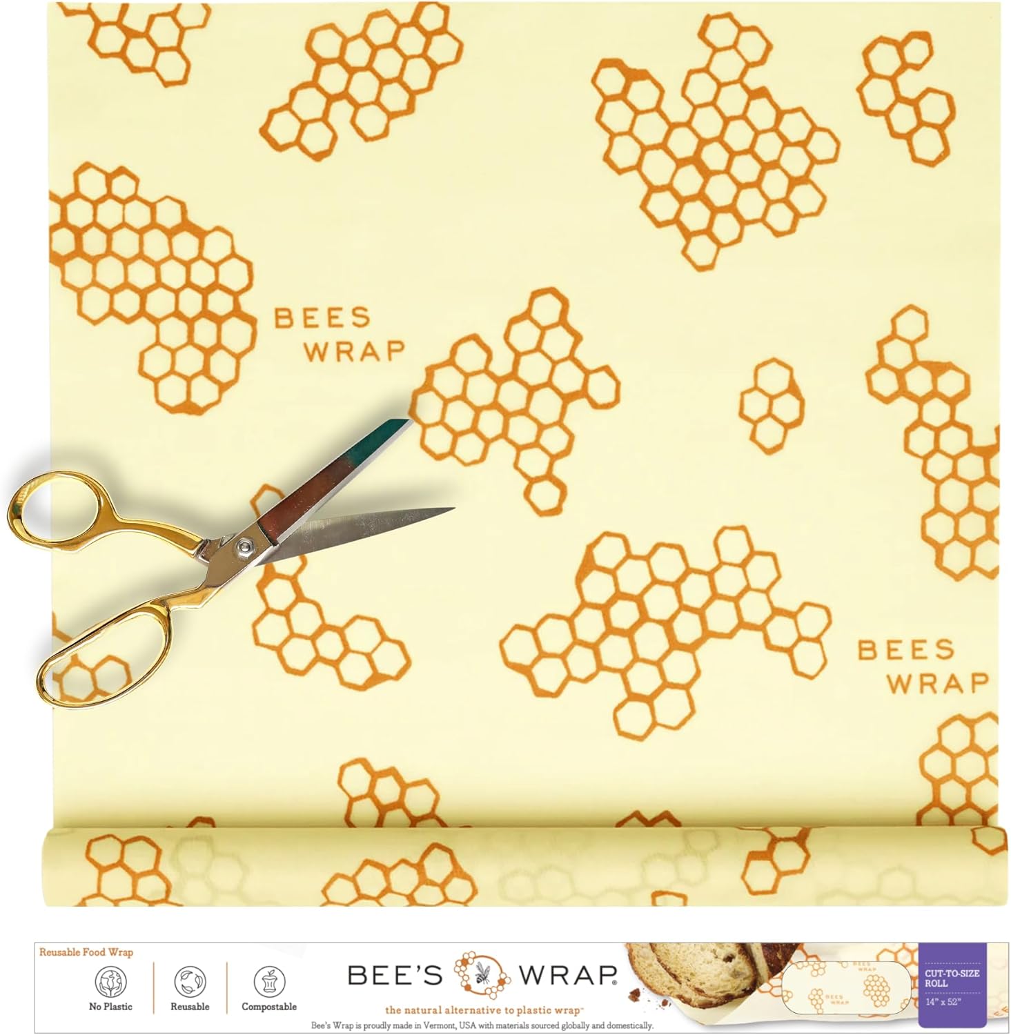 Bee's Wrap Beeswax Wraps for Food - Cut to Size 14x52" Beeswax Wrap Roll - Plastic Free Made in USA Reusable Natural Food Wrap - Honeycomb
