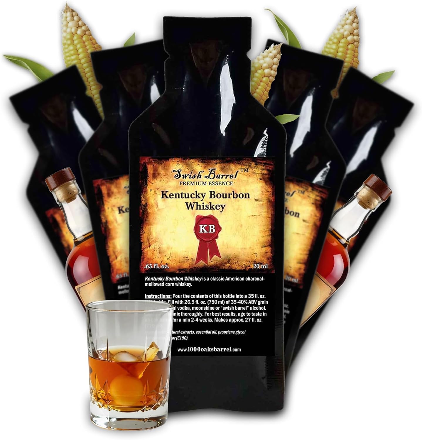 Kentucky Bourbon Whiskey Flavoring Essence (5 Pack), Liquor Flavor Refill Packets for Bootleg Kits & Barrel Aging, Swish Barrel Extract for Cocktails, Mixology & Moonshine Distilling, 5 x 20ml (.65oz)