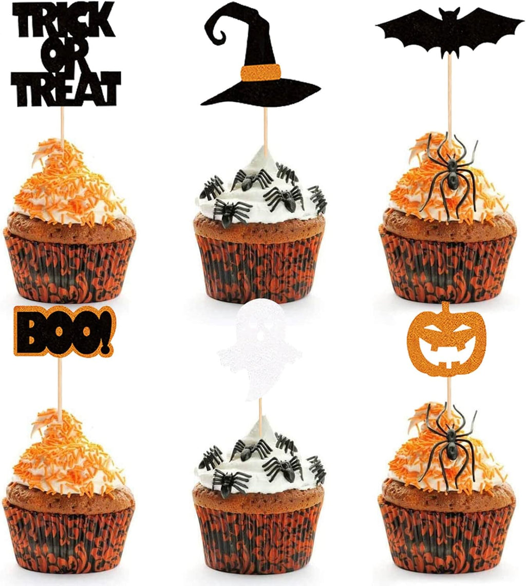 24Pcs Halloween Cupcake Toppers Pumpkin Witch Hat Ghost Bats Boo Trick or Treat Cupcake Picks Baby Shower Birthday Halloween Themed Party Cake Decorations Supplies