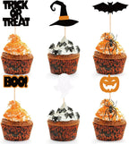 24Pcs Halloween Cupcake Toppers Pumpkin Witch Hat Ghost Bats Boo Trick or Treat Cupcake Picks Baby Shower Birthday Halloween Themed Party Cake Decorations Supplies