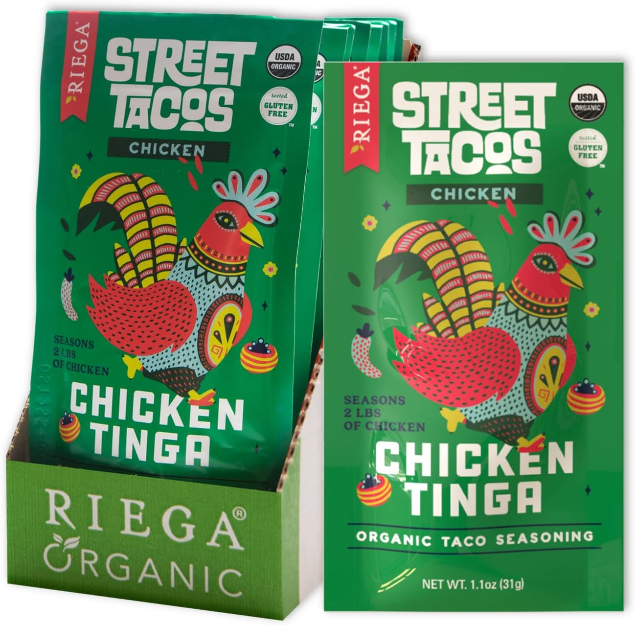 Riega Street Taco Seasoning, Organic Mexican Spice Blend for Cooking Authentic Meals, Chicken Tinga, 1.1 oz Packets, 8 Count